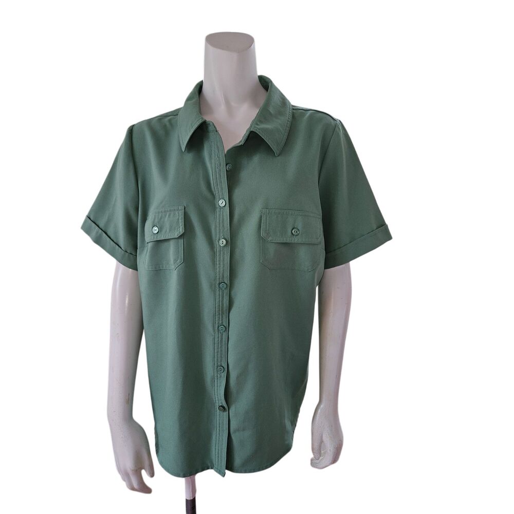 Denim & Co Green Short Sleeve Button Front Shirt Womens Size Large